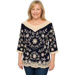 Solitaire Dark Navy Embroidered Crochet Detail 3/4 Sleeves Peasant Top NWT